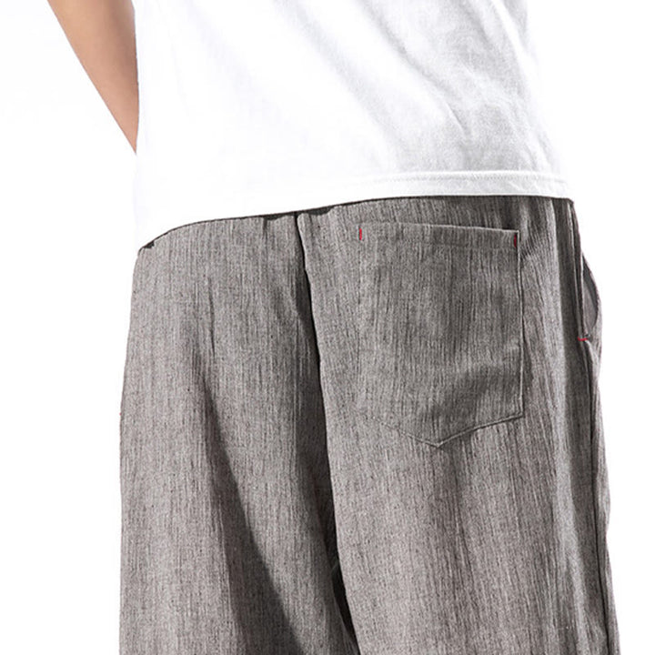 Spodnie męskie z kieszeniami i ściągaczem Buddha Stones Casual Solid Color Drawstring Linen - image 37