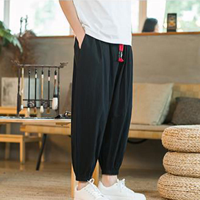 Buddha Stones Jednokolorowe Spodnie Męskie Z Kieszeniami Ze Sznurkiem Ściąganym Z Lnianego Sznurka - image 18