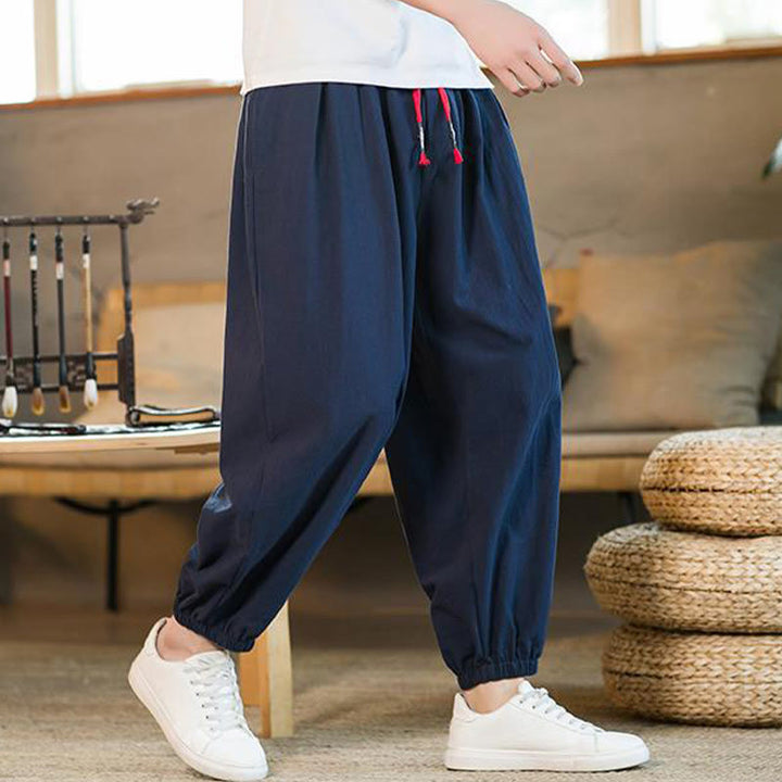 Buddha Stones Jednokolorowe Spodnie Męskie Z Kieszeniami Ze Sznurkiem Ściąganym Z Lnianego Sznurka - image 33