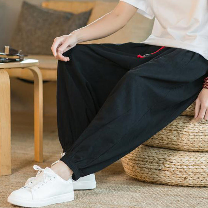 Buddha Stones Jednokolorowe Spodnie Męskie Z Kieszeniami Ze Sznurkiem Ściąganym Z Lnianego Sznurka - image 21