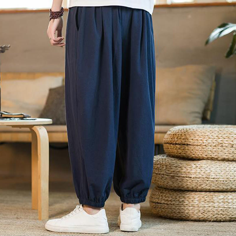 Buddha Stones Jednokolorowe Spodnie Męskie Z Kieszeniami Ze Sznurkiem Ściąganym Z Lnianego Sznurka - image 38