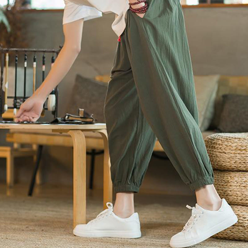 Buddha Stones Jednokolorowe Spodnie Męskie Z Kieszeniami Ze Sznurkiem Ściąganym Z Lnianego Sznurka - image 9