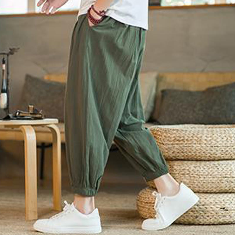 Buddha Stones Jednokolorowe Spodnie Męskie Z Kieszeniami Ze Sznurkiem Ściąganym Z Lnianego Sznurka - image 8