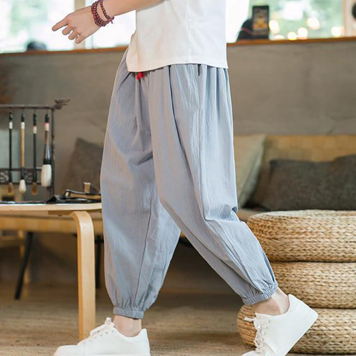 Buddha Stones Jednokolorowe Spodnie Męskie Z Kieszeniami Ze Sznurkiem Ściąganym Z Lnianego Sznurka - image 28