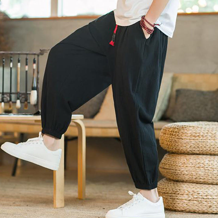 Buddha Stones Jednokolorowe Spodnie Męskie Z Kieszeniami Ze Sznurkiem Ściąganym Z Lnianego Sznurka - image 15
