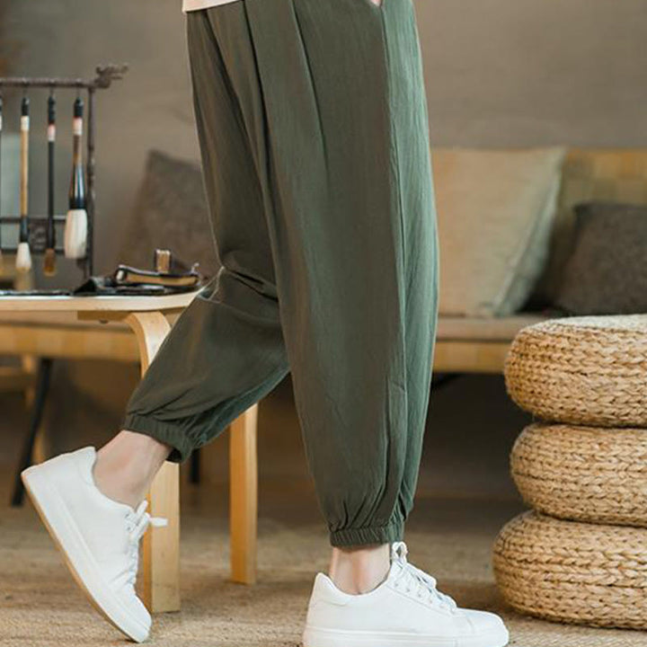 Buddha Stones Jednokolorowe Spodnie Męskie Z Kieszeniami Ze Sznurkiem Ściąganym Z Lnianego Sznurka - image 10
