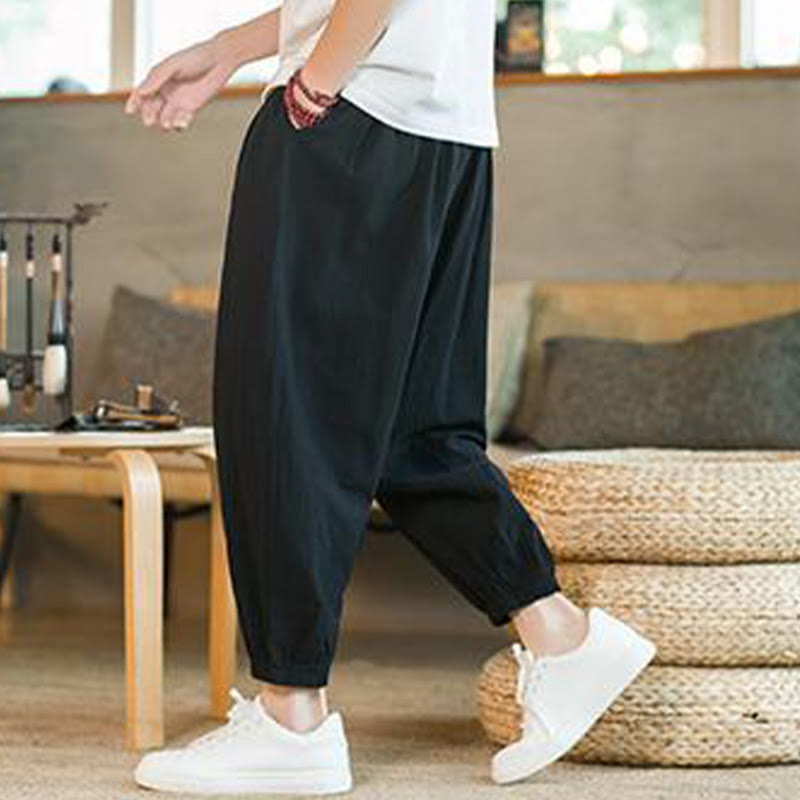 Buddha Stones Jednokolorowe Spodnie Męskie Z Kieszeniami Ze Sznurkiem Ściąganym Z Lnianego Sznurka - image 17