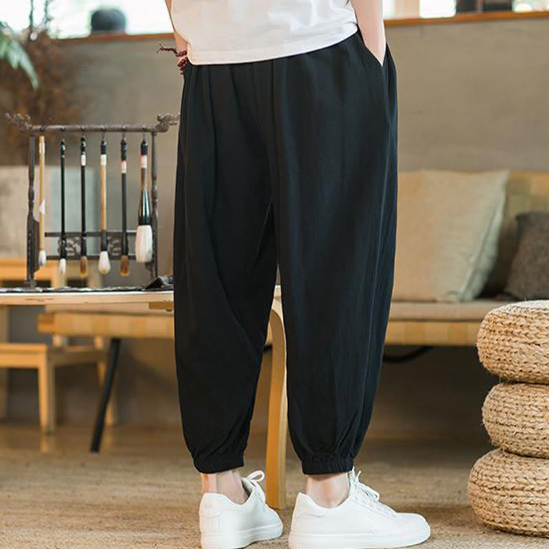 Buddha Stones Jednokolorowe Spodnie Męskie Z Kieszeniami Ze Sznurkiem Ściąganym Z Lnianego Sznurka - image 20