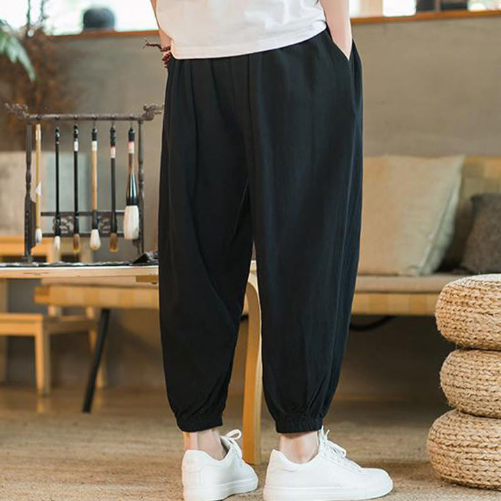 Buddha Stones Jednokolorowe Spodnie Męskie Z Kieszeniami Ze Sznurkiem Ściąganym Z Lnianego Sznurka - image 20