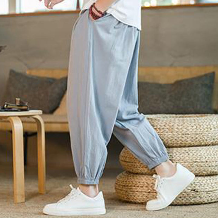 Buddha Stones Jednokolorowe Spodnie Męskie Z Kieszeniami Ze Sznurkiem Ściąganym Z Lnianego Sznurka - image 27