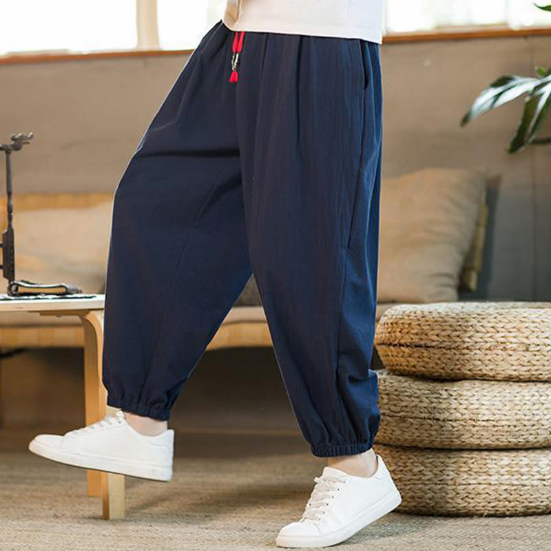 Buddha Stones Jednokolorowe Spodnie Męskie Z Kieszeniami Ze Sznurkiem Ściąganym Z Lnianego Sznurka - image 35