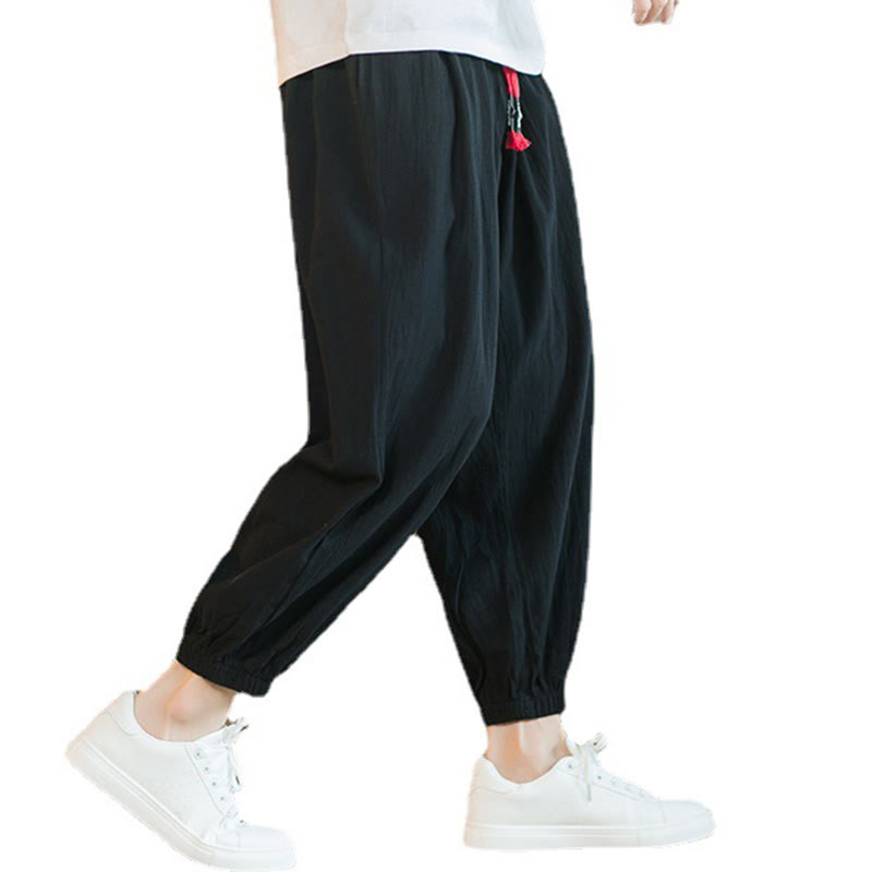 Buddha Stones Jednokolorowe Spodnie Męskie Z Kieszeniami Ze Sznurkiem Ściąganym Z Lnianego Sznurka - image 22