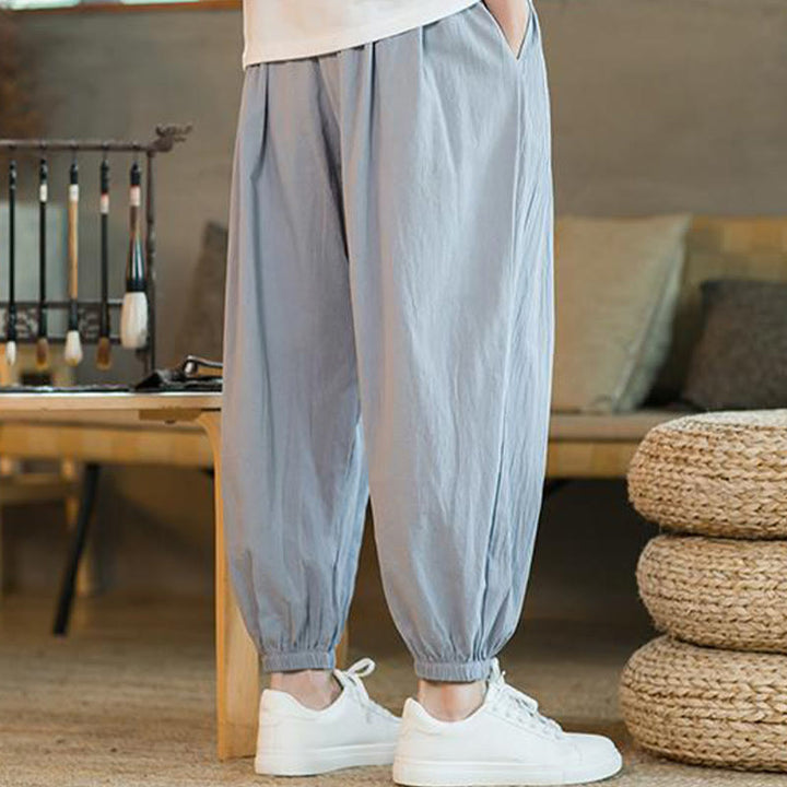 Buddha Stones Jednokolorowe Spodnie Męskie Z Kieszeniami Ze Sznurkiem Ściąganym Z Lnianego Sznurka - image 29