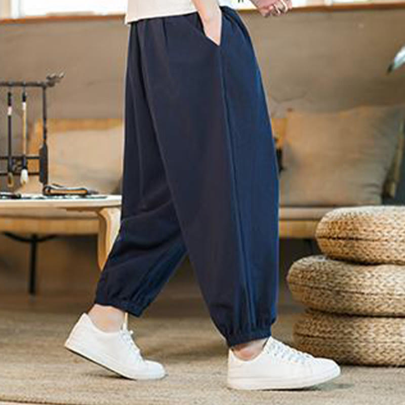 Buddha Stones Jednokolorowe Spodnie Męskie Z Kieszeniami Ze Sznurkiem Ściąganym Z Lnianego Sznurka - image 37