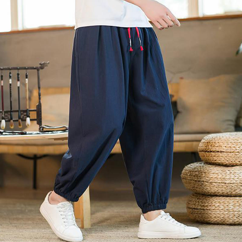 Buddha Stones Jednokolorowe Spodnie Męskie Z Kieszeniami Ze Sznurkiem Ściąganym Z Lnianego Sznurka - image 33