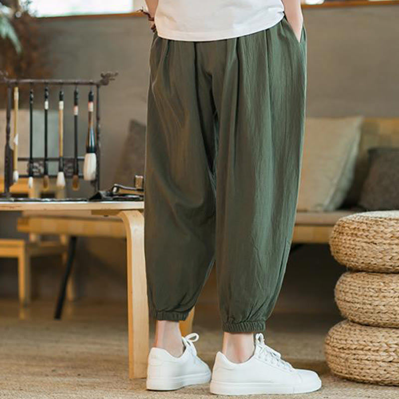 Buddha Stones Jednokolorowe Spodnie Męskie Z Kieszeniami Ze Sznurkiem Ściąganym Z Lnianego Sznurka - image 5