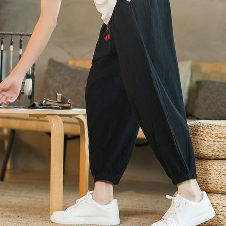 Buddha Stones Jednokolorowe Spodnie Męskie Z Kieszeniami Ze Sznurkiem Ściąganym Z Lnianego Sznurka - image 16