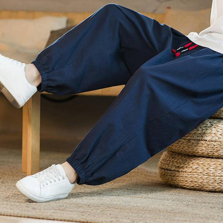 Buddha Stones Jednokolorowe Spodnie Męskie Z Kieszeniami Ze Sznurkiem Ściąganym Z Lnianego Sznurka - image 36