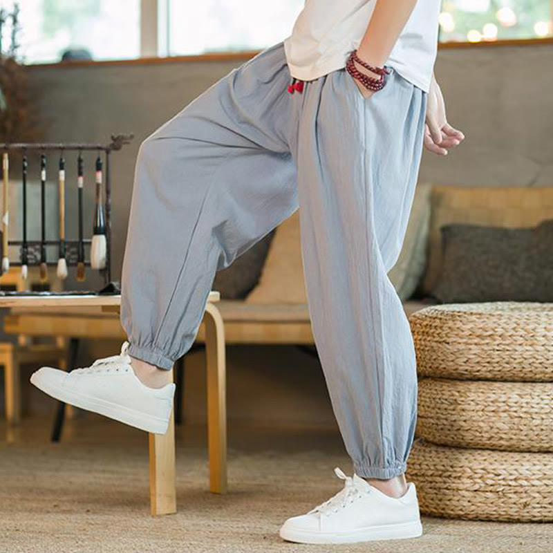Buddha Stones Jednokolorowe Spodnie Męskie Z Kieszeniami Ze Sznurkiem Ściąganym Z Lnianego Sznurka - image 25