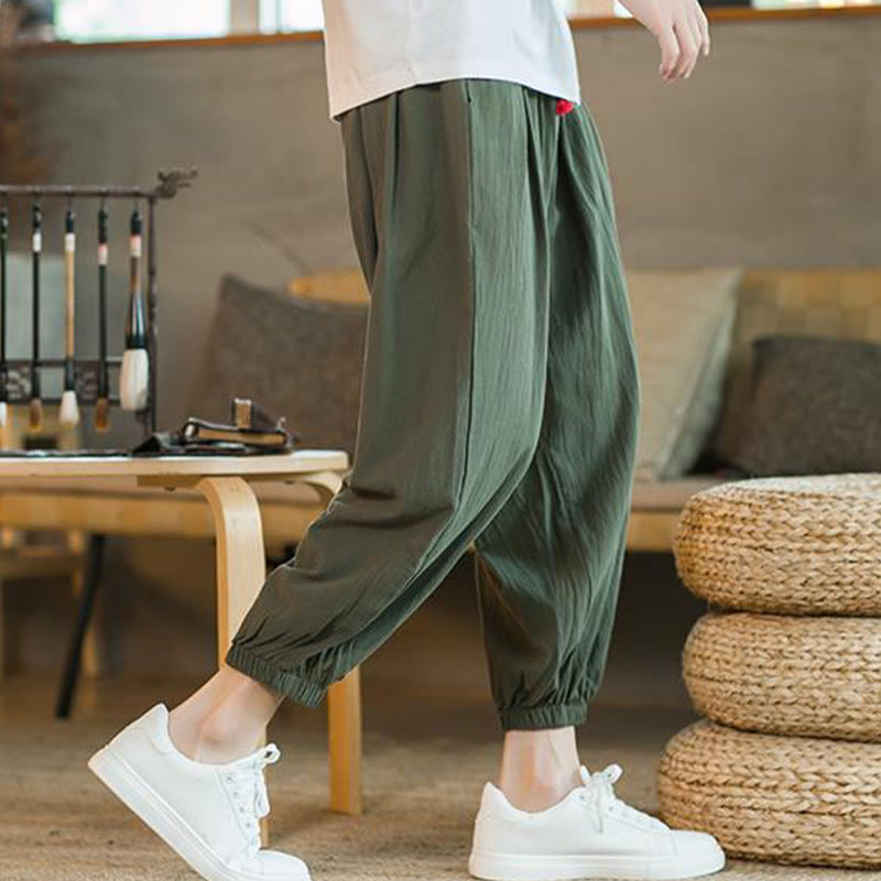 Buddha Stones Jednokolorowe Spodnie Męskie Z Kieszeniami Ze Sznurkiem Ściąganym Z Lnianego Sznurka - image 7