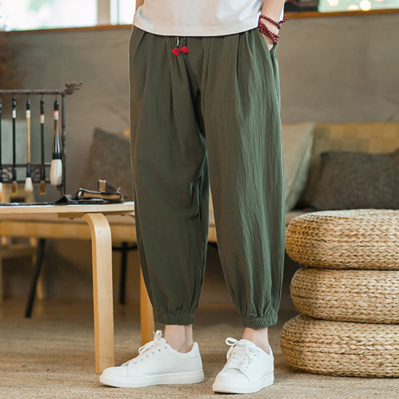 Buddha Stones Jednokolorowe Spodnie Męskie Z Kieszeniami Ze Sznurkiem Ściąganym Z Lnianego Sznurka - image 2