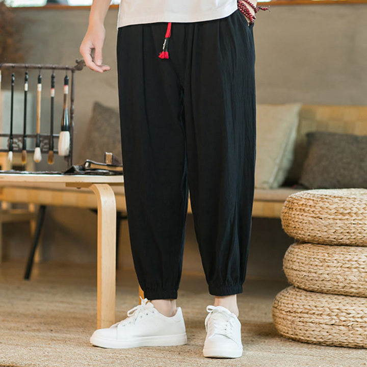 Buddha Stones Jednokolorowe Spodnie Męskie Z Kieszeniami Ze Sznurkiem Ściąganym Z Lnianego Sznurka - image 14