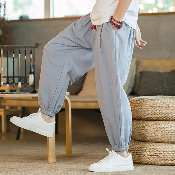 Buddha Stones Jednokolorowe Spodnie Męskie Z Kieszeniami Ze Sznurkiem Ściąganym Z Lnianego Sznurka - image 25