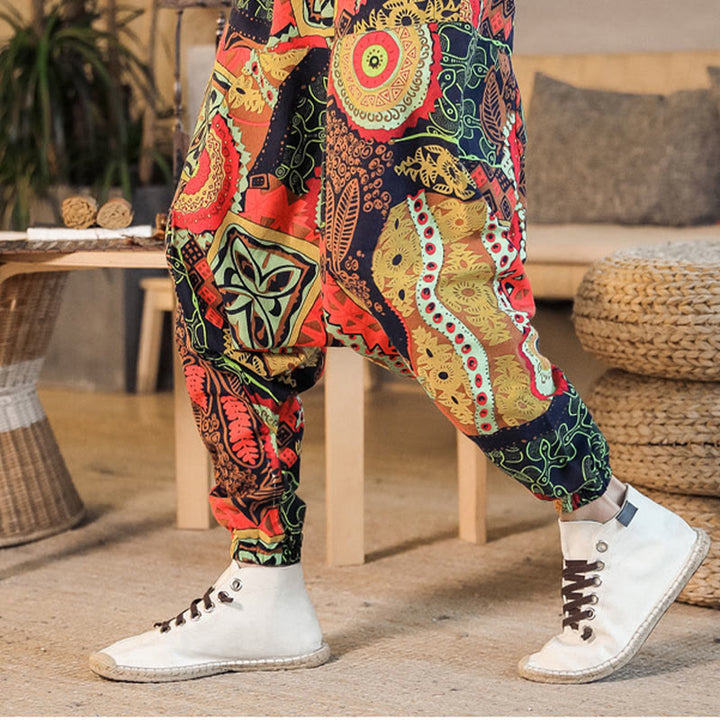 Buddha Stones Czerwone Złoto Casual Liście Nadruk Bawełna Męskie Spodnie Harem Z Kieszeniami - image 4