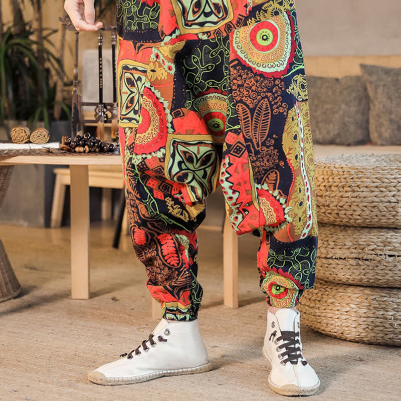Buddha Stones Czerwone Złoto Casual Liście Nadruk Bawełna Męskie Spodnie Harem Z Kieszeniami - image 5