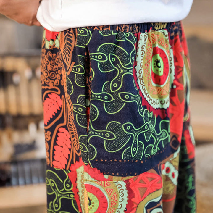 Buddha Stones Czerwone Złoto Casual Liście Nadruk Bawełna Męskie Spodnie Harem Z Kieszeniami - image 8