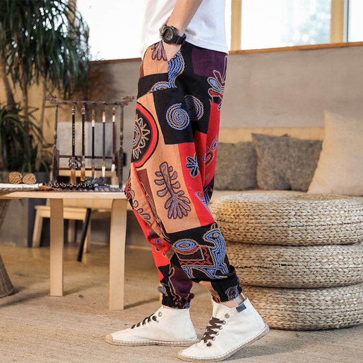 Spodnie haremowe męskie z kieszeniami i siatką z motywem kwiatów Buddha Stones - image 2