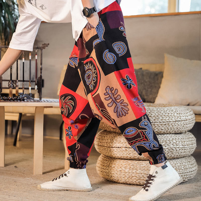 Spodnie haremowe męskie z kieszeniami i siatką z motywem kwiatów Buddha Stones - image 3