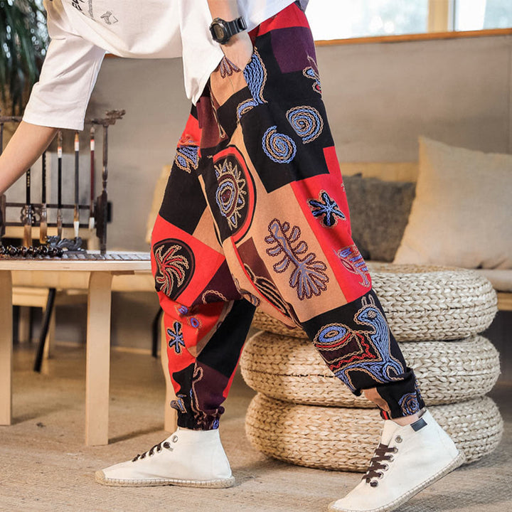 Spodnie haremowe męskie z kieszeniami i siatką z motywem kwiatów Buddha Stones - image 3