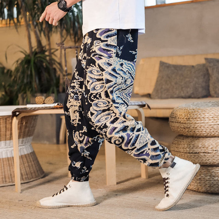 Buddha Stones Chiński Wzór Smoka Bawełniane Męskie Spodnie Harem Z Kieszeniami - Czarny - US/UK/AU42， EU52 (3XL) - image 0