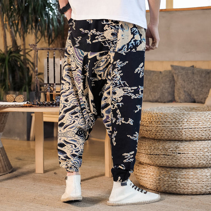 Buddha Stones Chiński Wzór Smoka Bawełniane Męskie Spodnie Harem Z Kieszeniami - image 4