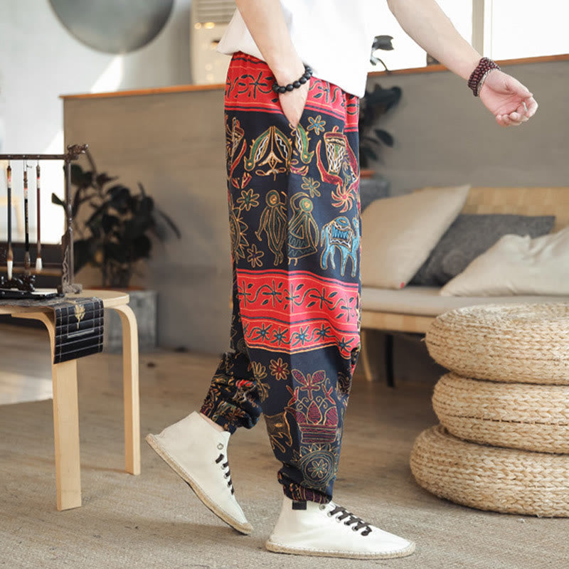 Buddha Stones Kolorowe Wielbłądzie Wzór Bawełniane Męskie Spodnie Harem Z Kieszeniami - image 4