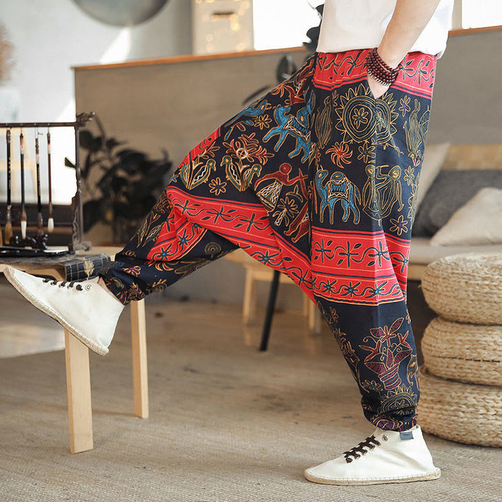 Buddha Stones Kolorowe Wielbłądzie Wzór Bawełniane Męskie Spodnie Harem Z Kieszeniami - Czarny - US/UK/AU42， EU52 (3XL) - image 0