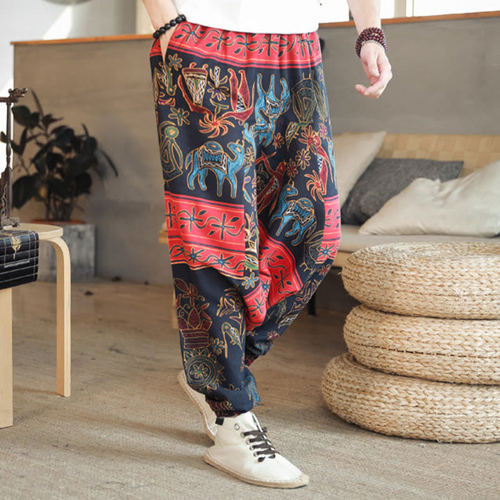 Buddha Stones Kolorowe Wielbłądzie Wzór Bawełniane Męskie Spodnie Harem Z Kieszeniami - image 3
