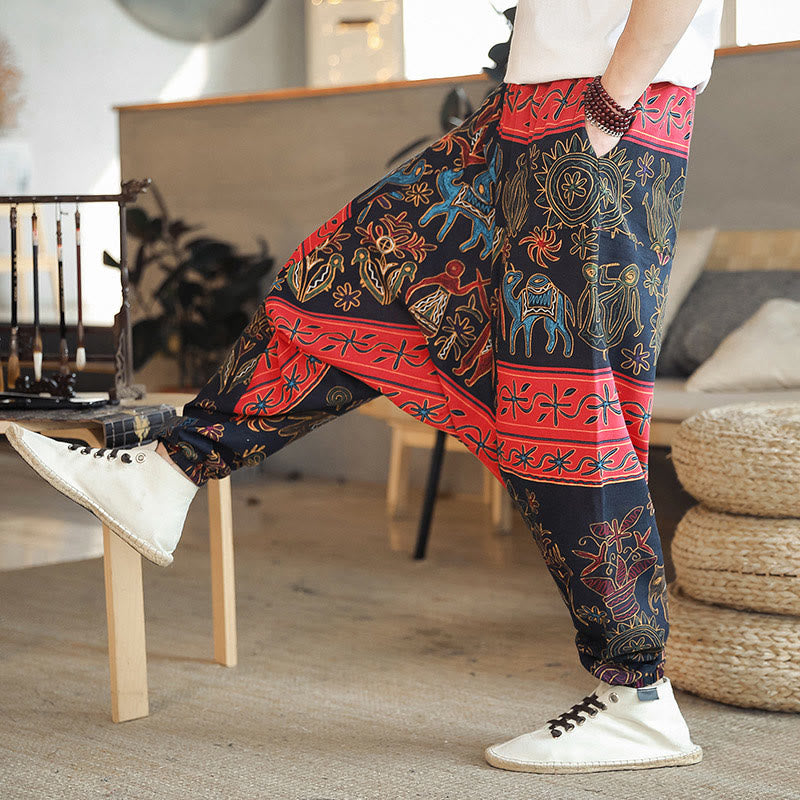 Buddha Stones Kolorowe Wielbłądzie Wzór Bawełniane Męskie Spodnie Harem Z Kieszeniami - Czarny - US/UK/AU42， EU52 (3XL) - image 0