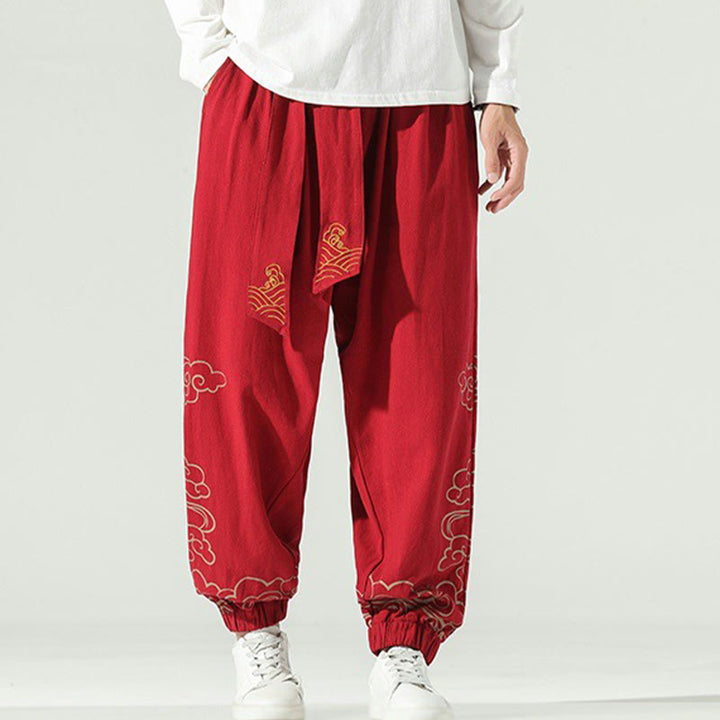 Buddha Stones Pomyślne Chmury Bawełniane Lniane Męskie Spodnie Haremowe Z Sznurkiem I Kieszeniami - Czerwony - US/UK/AU46， EU56 (5XL) - image 15