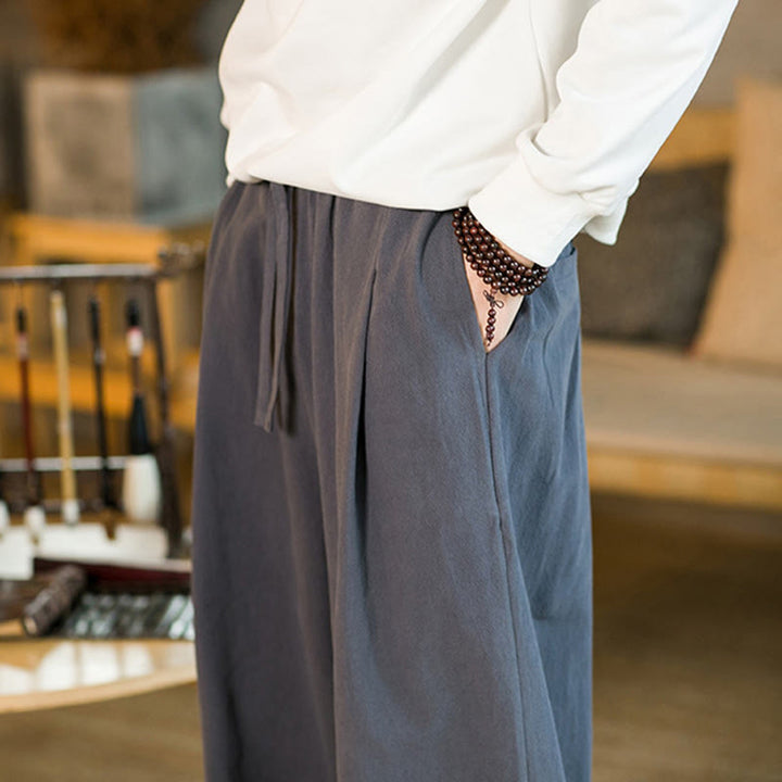 Buddha Stones Jednokolorowe Bawełniane Lniane Ściągane Męskie Spodnie Harem Z Kieszeniami - image 38