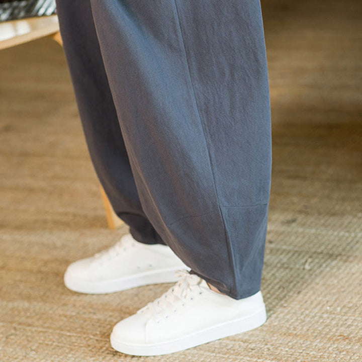 Buddha Stones Jednokolorowe Bawełniane Lniane Ściągane Męskie Spodnie Harem Z Kieszeniami - image 40