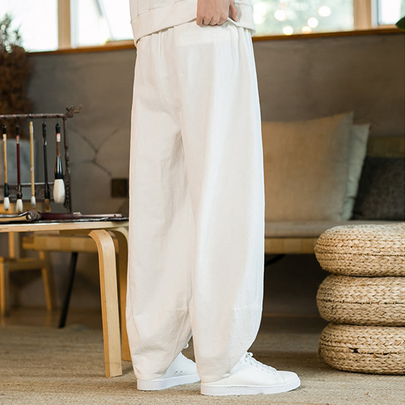 Buddha Stones Jednokolorowe Bawełniane Lniane Ściągane Męskie Spodnie Harem Z Kieszeniami - image 23