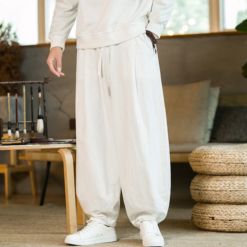 Buddha Stones Jednokolorowe Bawełniane Lniane Ściągane Męskie Spodnie Harem Z Kieszeniami - image 22