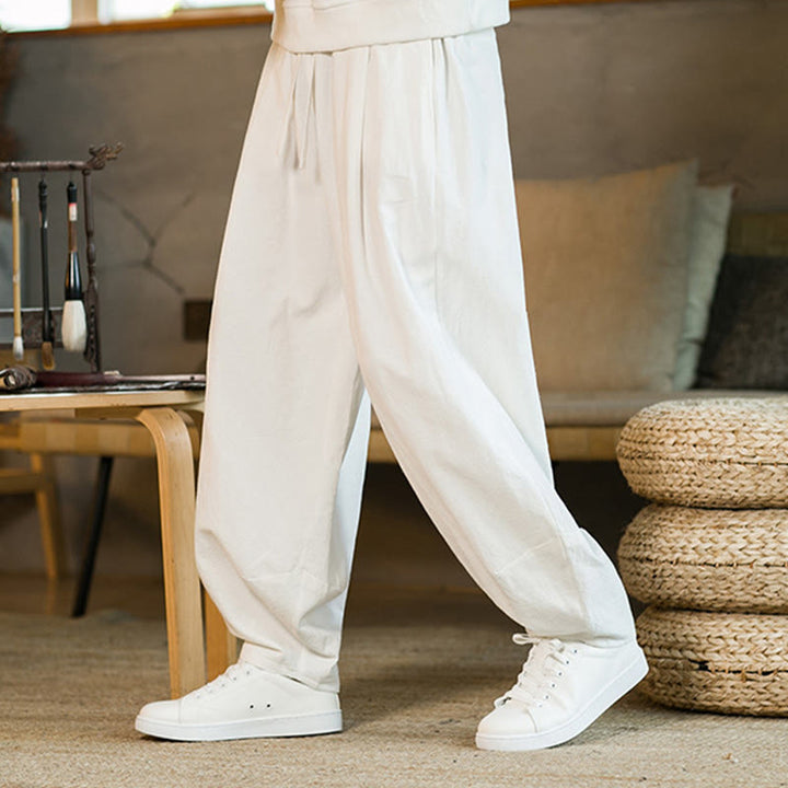 Buddha Stones Jednokolorowe Bawełniane Lniane Ściągane Męskie Spodnie Harem Z Kieszeniami - image 21