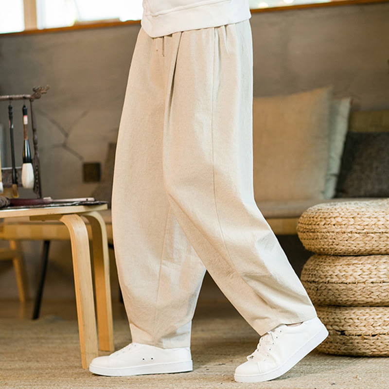 Buddha Stones Jednokolorowe Bawełniane Lniane Ściągane Męskie Spodnie Harem Z Kieszeniami - image 30