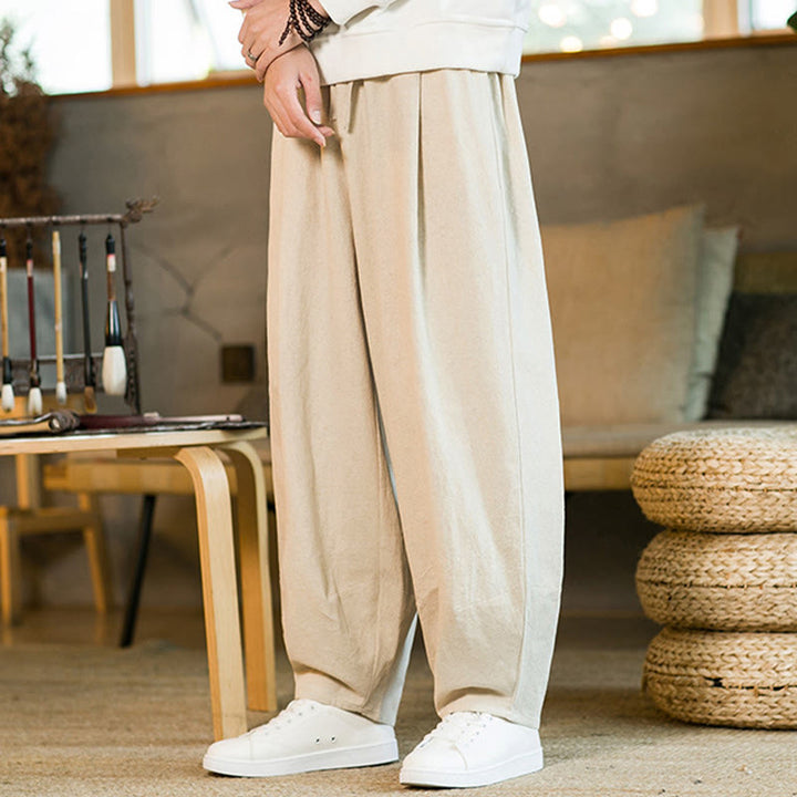 Buddha Stones Jednokolorowe Bawełniane Lniane Ściągane Męskie Spodnie Harem Z Kieszeniami - image 26
