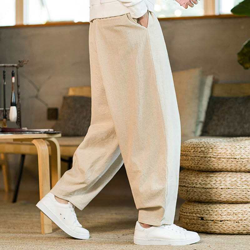 Buddha Stones Jednokolorowe Bawełniane Lniane Ściągane Męskie Spodnie Harem Z Kieszeniami - image 29