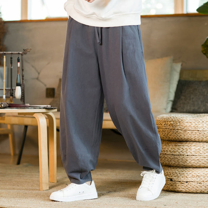 Buddha Stones Jednokolorowe Bawełniane Lniane Ściągane Męskie Spodnie Harem Z Kieszeniami - image 35