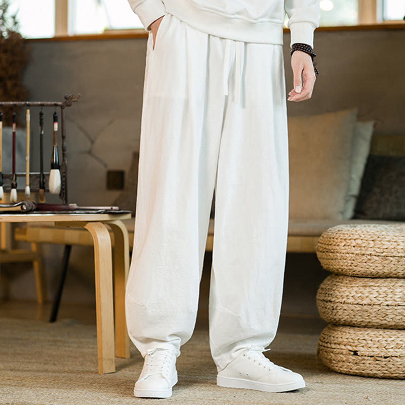 Buddha Stones Jednokolorowe Bawełniane Lniane Ściągane Męskie Spodnie Harem Z Kieszeniami - Biały - US/UK/AU46， EU56 (5XL) - image 17